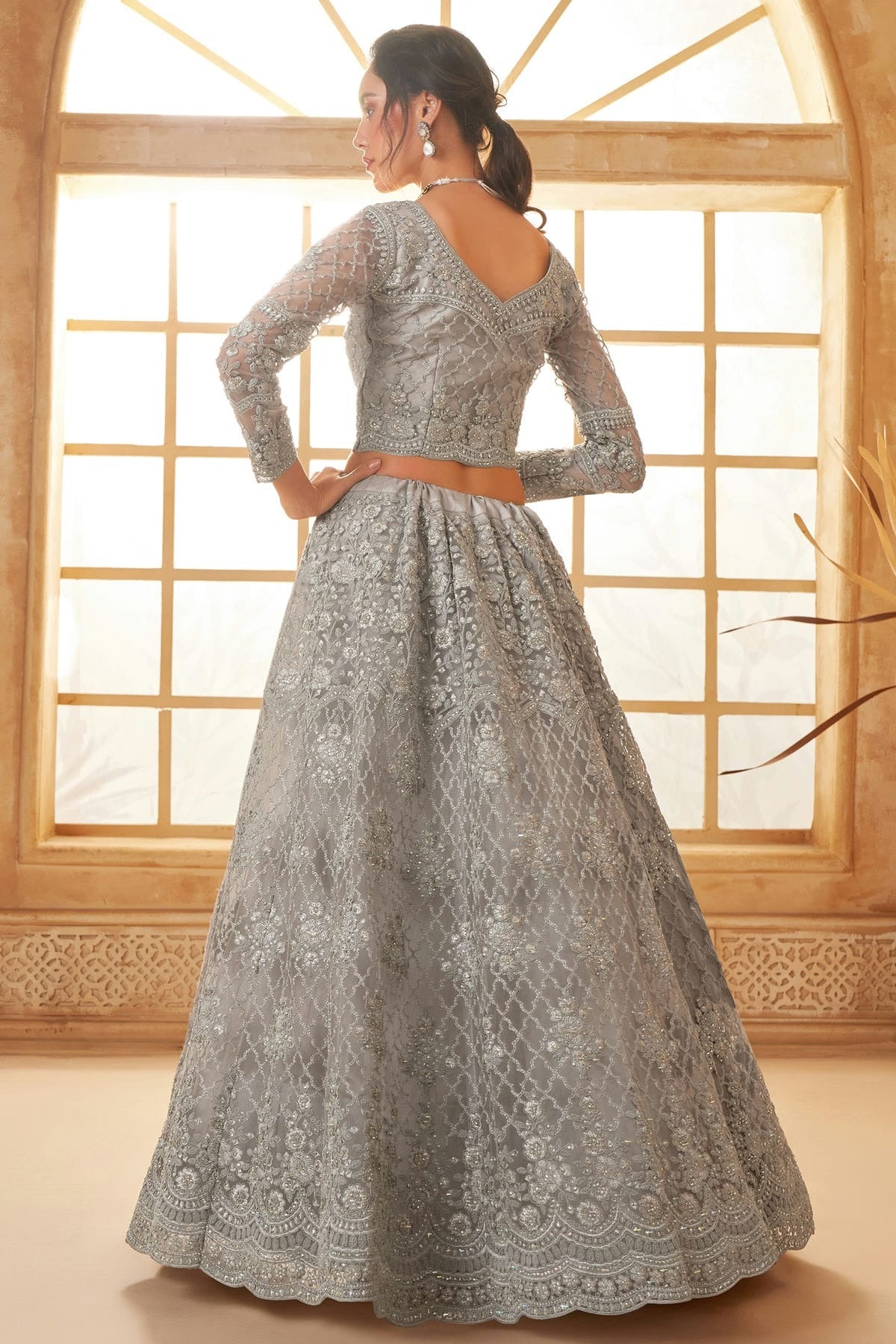 Grey Embroidery Net and SilK Lehenga Choli LC1290144 A