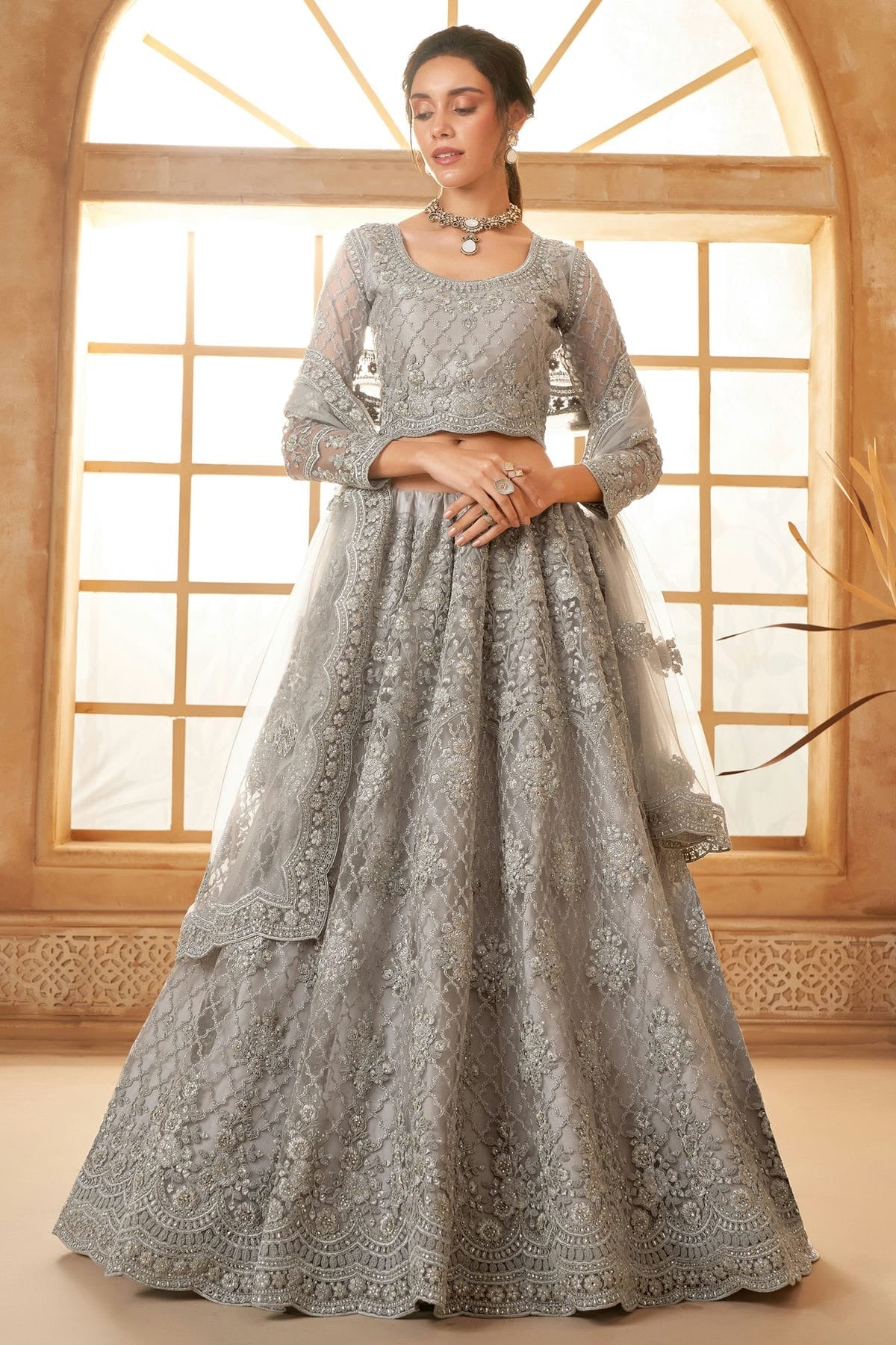 Grey Embroidery Net and SilK Lehenga Choli LC1290144
