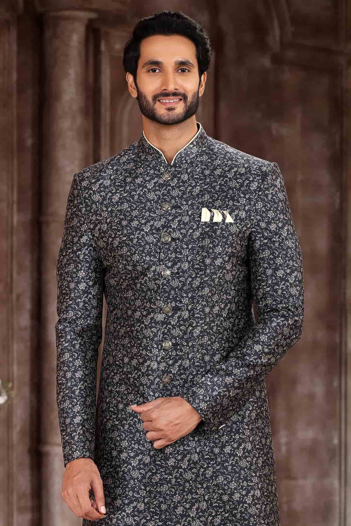 Grey and Black Colour Art Silk Digital Printed Work indo western Sherwani
