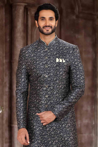 Grey and Black Colour Art Silk Digital Printed Work indo western Sherwani