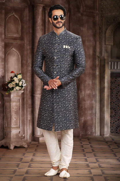 Grey and Black Colour Art Silk Digital Printed Work indo western Sherwani