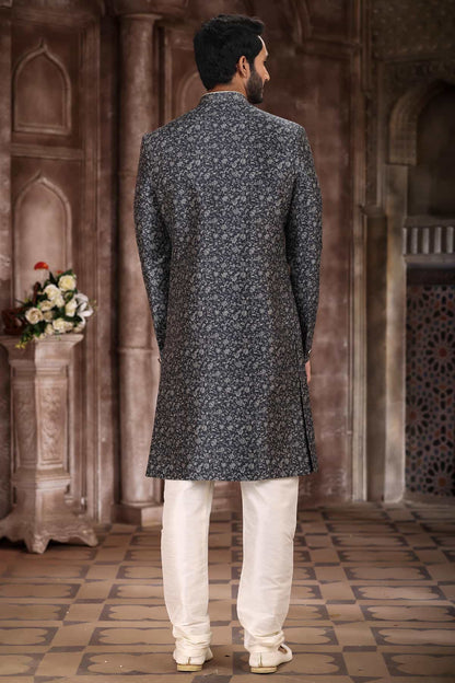 Grey and Black Colour Art Silk Digital Printed Work indo western Sherwani