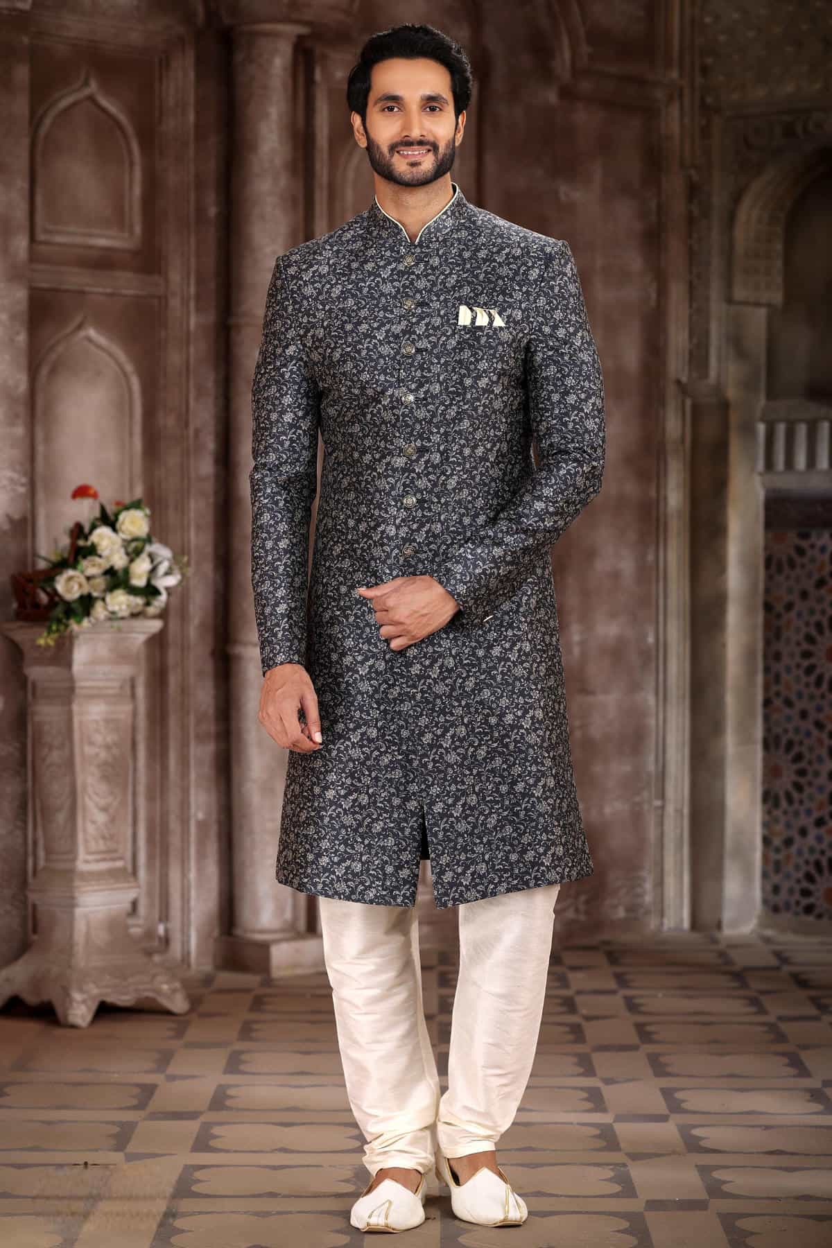 Grey and Black Colour Art Silk Digital Printed Work indo western Sherwani