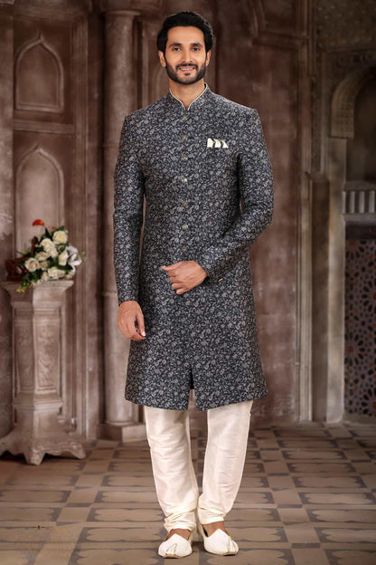 Grey and Black Colour Art Silk Digital Printed Work indo western Sherwani