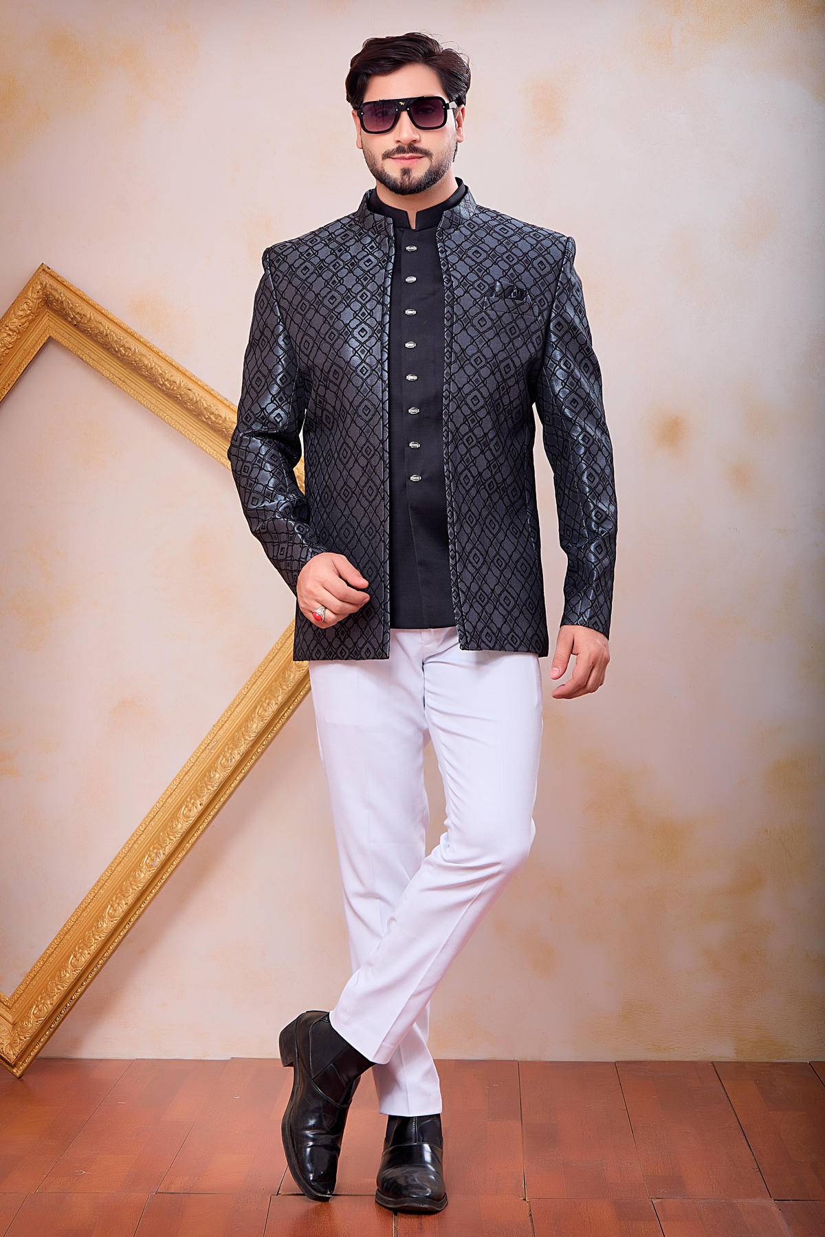 Grey and Black Colour Thread Work Embroidery Jacquard Jodhpuri