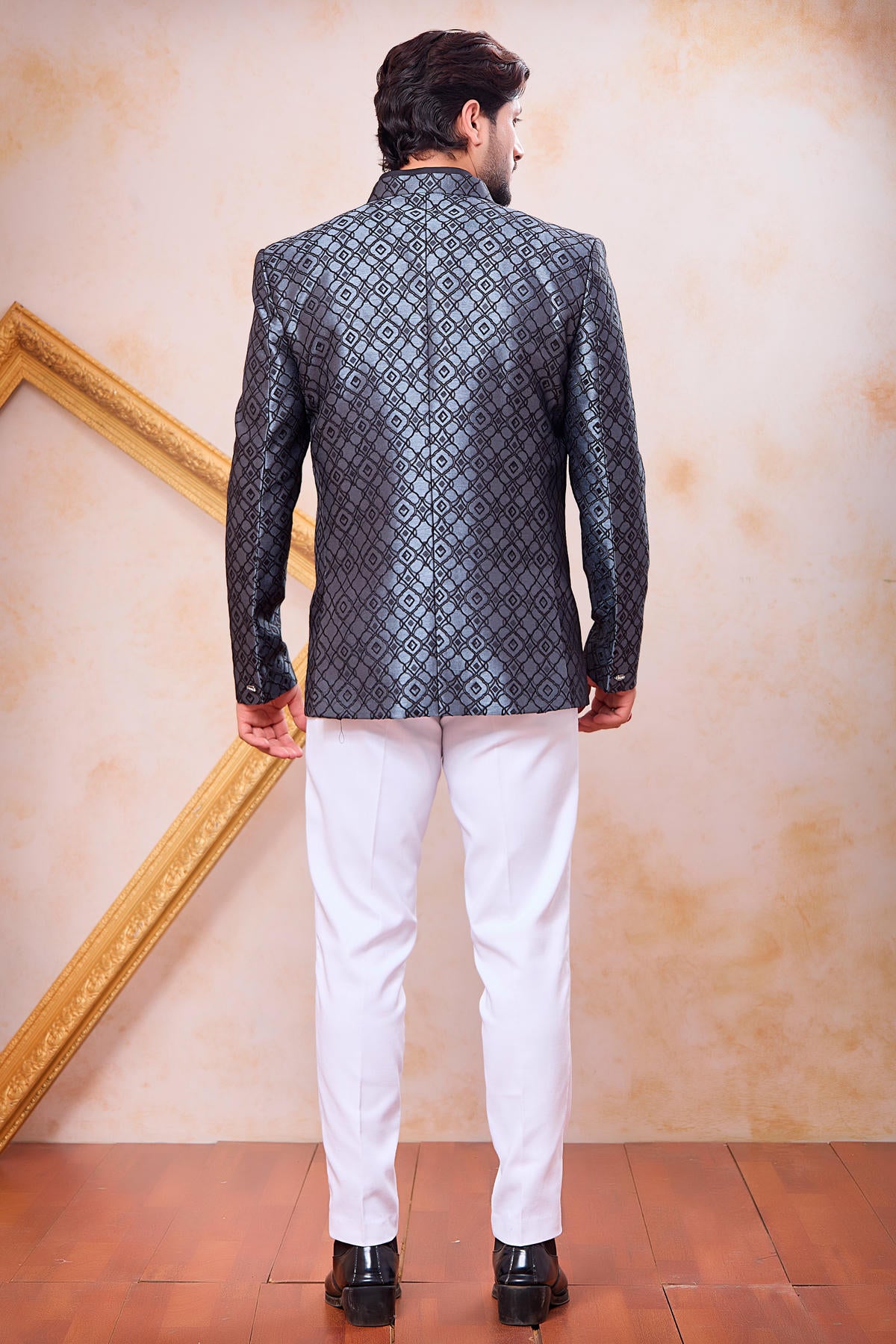 Grey and Black Colour Thread Work Embroidery Jacquard Jodhpuri