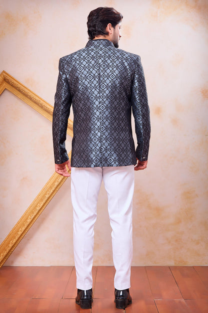 Grey and Black Colour Thread Work Embroidery Jacquard Jodhpuri