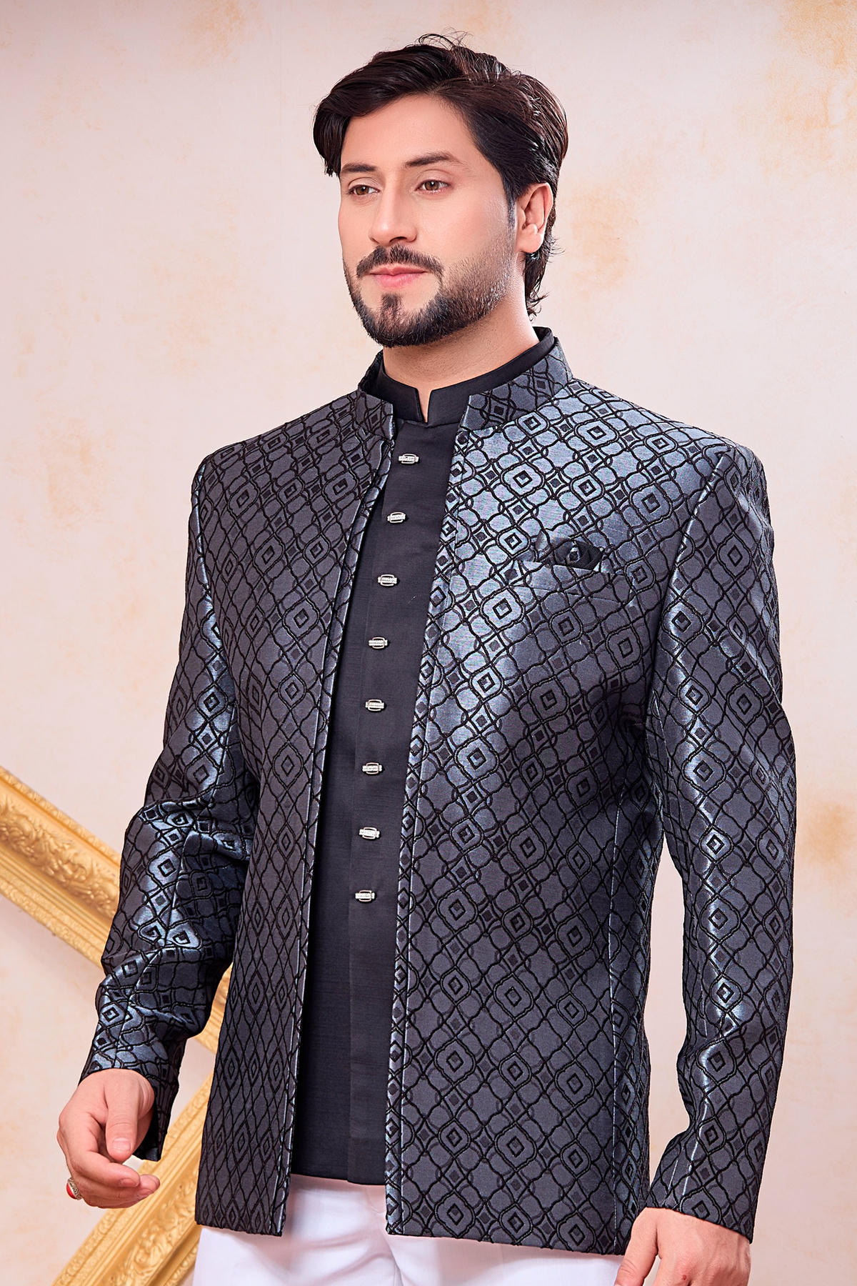 Grey and Black Colour Thread Work Embroidery Jacquard Jodhpuri