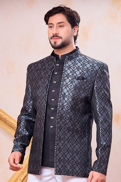 Grey and Black Colour Thread Work Embroidery Jacquard Jodhpuri