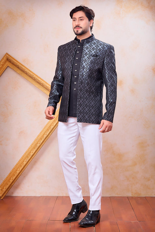 Grey and Black Colour Thread Work Embroidery Jacquard Jodhpuri