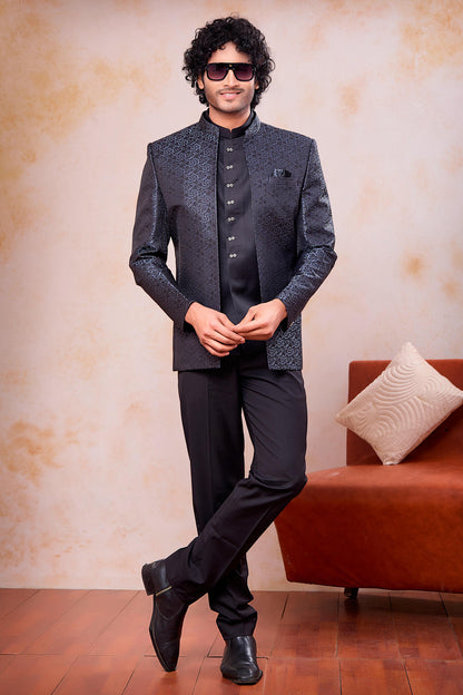 Grey and Black Colour Thread Work Embroidery Jacquard Jodhpuri