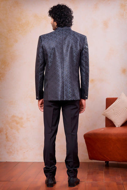 Grey and Black Colour Thread Work Embroidery Jacquard Jodhpuri