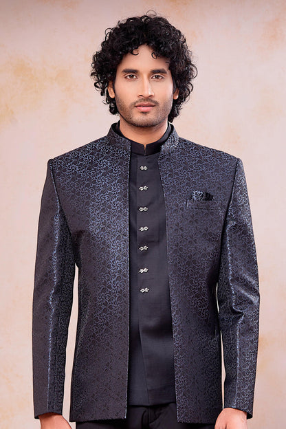 Grey and Black Colour Thread Work Embroidery Jacquard Jodhpuri