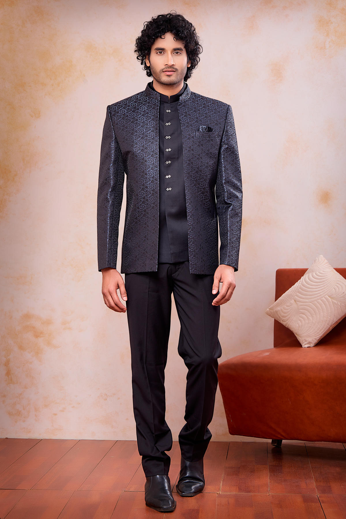 Grey and Black Colour Thread Work Embroidery Jacquard Jodhpuri