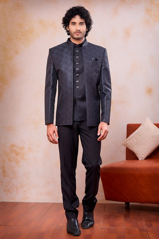 Grey and Black Colour Thread Work Embroidery Jacquard Jodhpuri