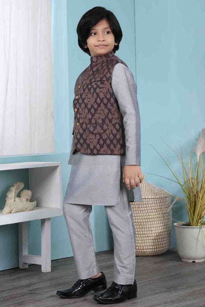 Grey and Brown Colour Cotton Silk Kurta Pajama With Jacket BW1070108 A