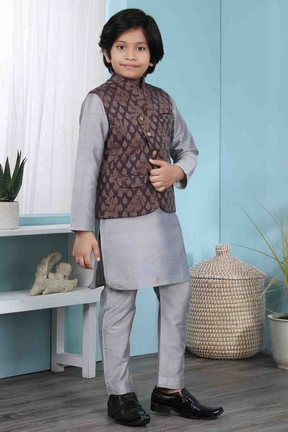 Grey and Brown Colour Cotton Silk Kurta Pajama With Jacket BW1070108 B
