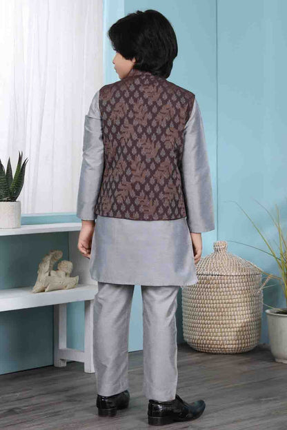 Grey and Brown Colour Cotton Silk Kurta Pajama With Jacket BW1070108 C