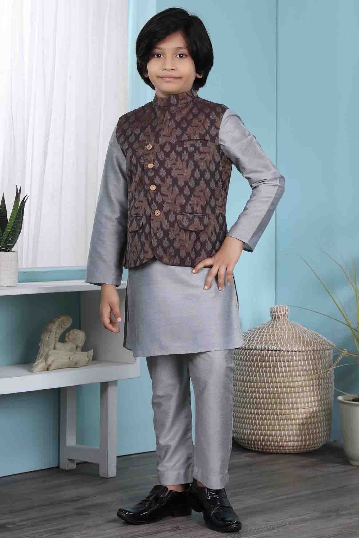 Grey and Brown Colour Cotton Silk Kurta Pajama With Jacket BW1070108