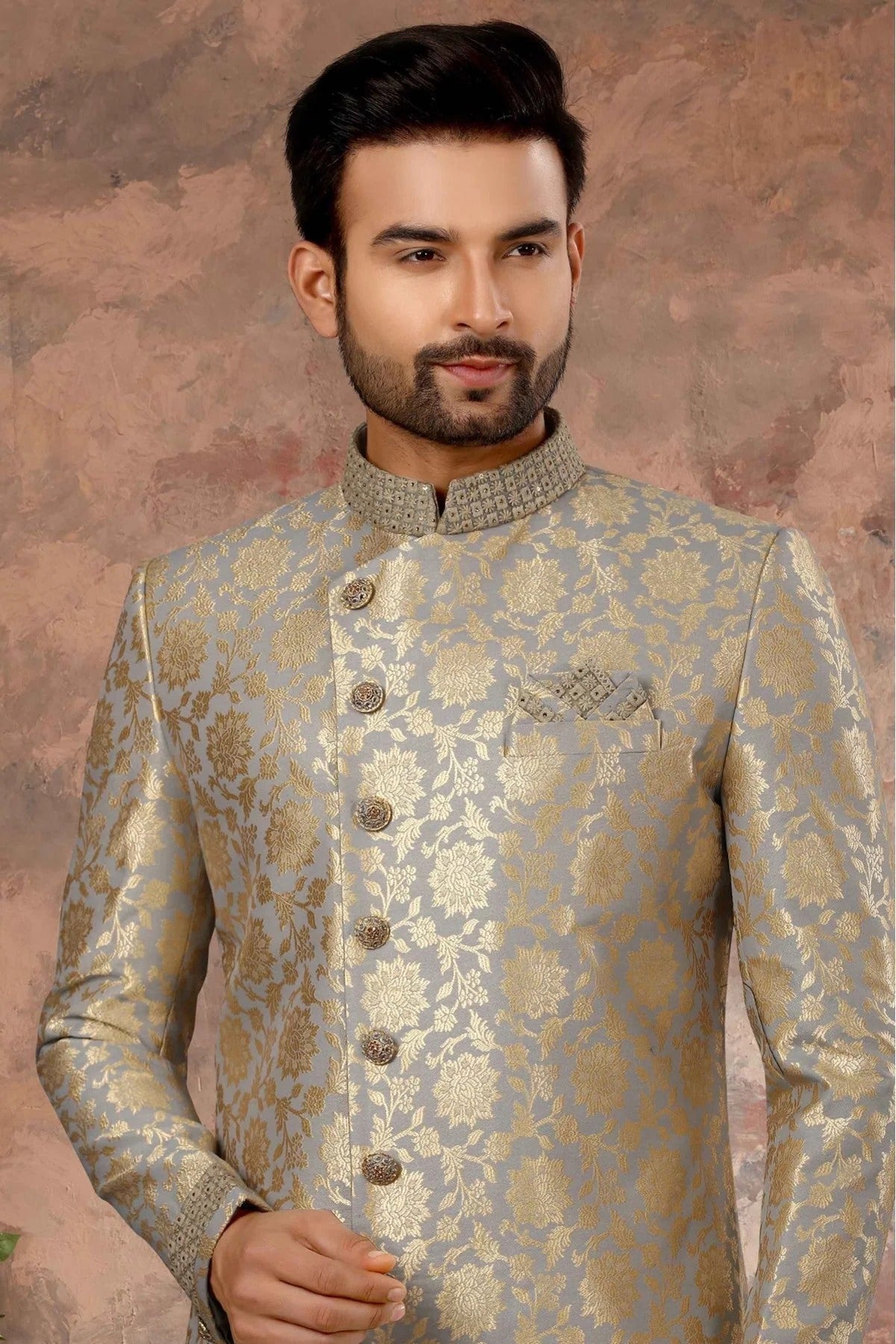 Grey and Gold Colour Jacquard Woven Sherwani SH1040318 A