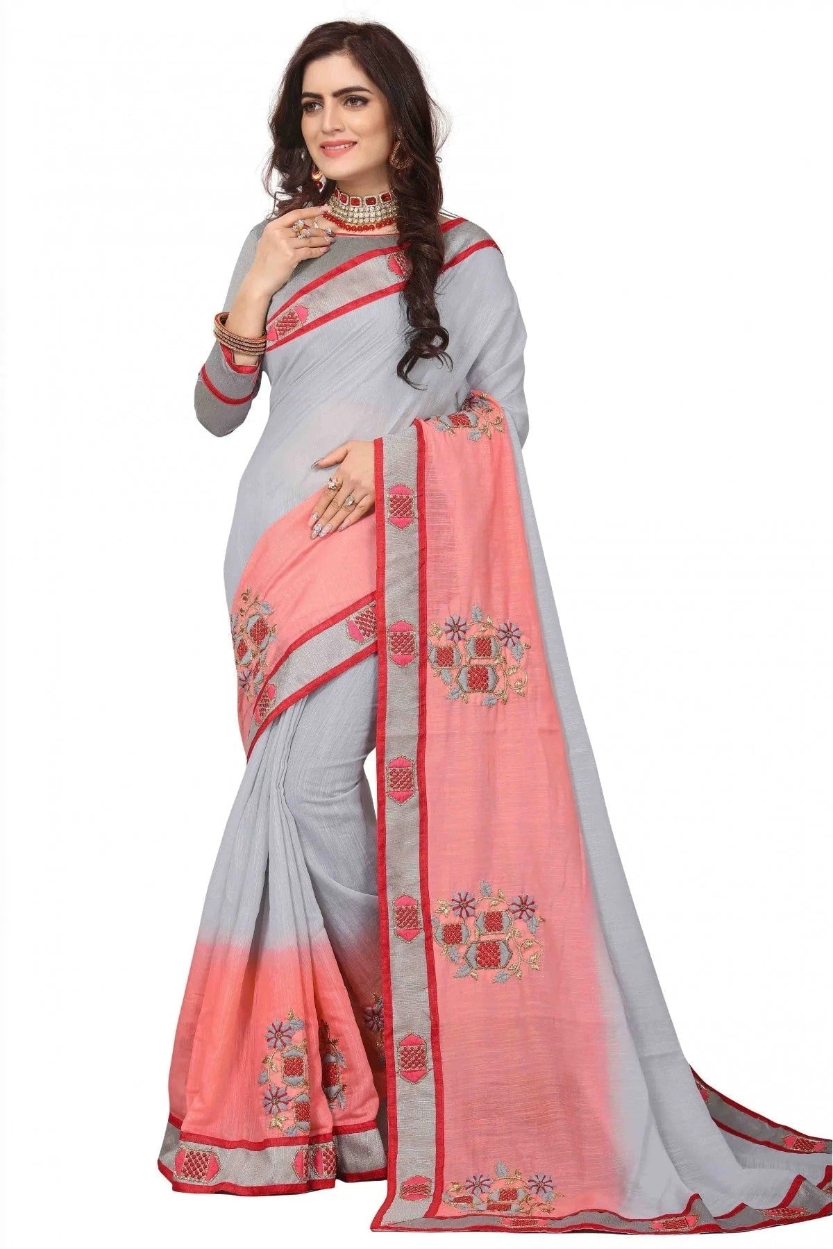 Grey and Peach Colour Art Silk Embroidery Saree SD1120134