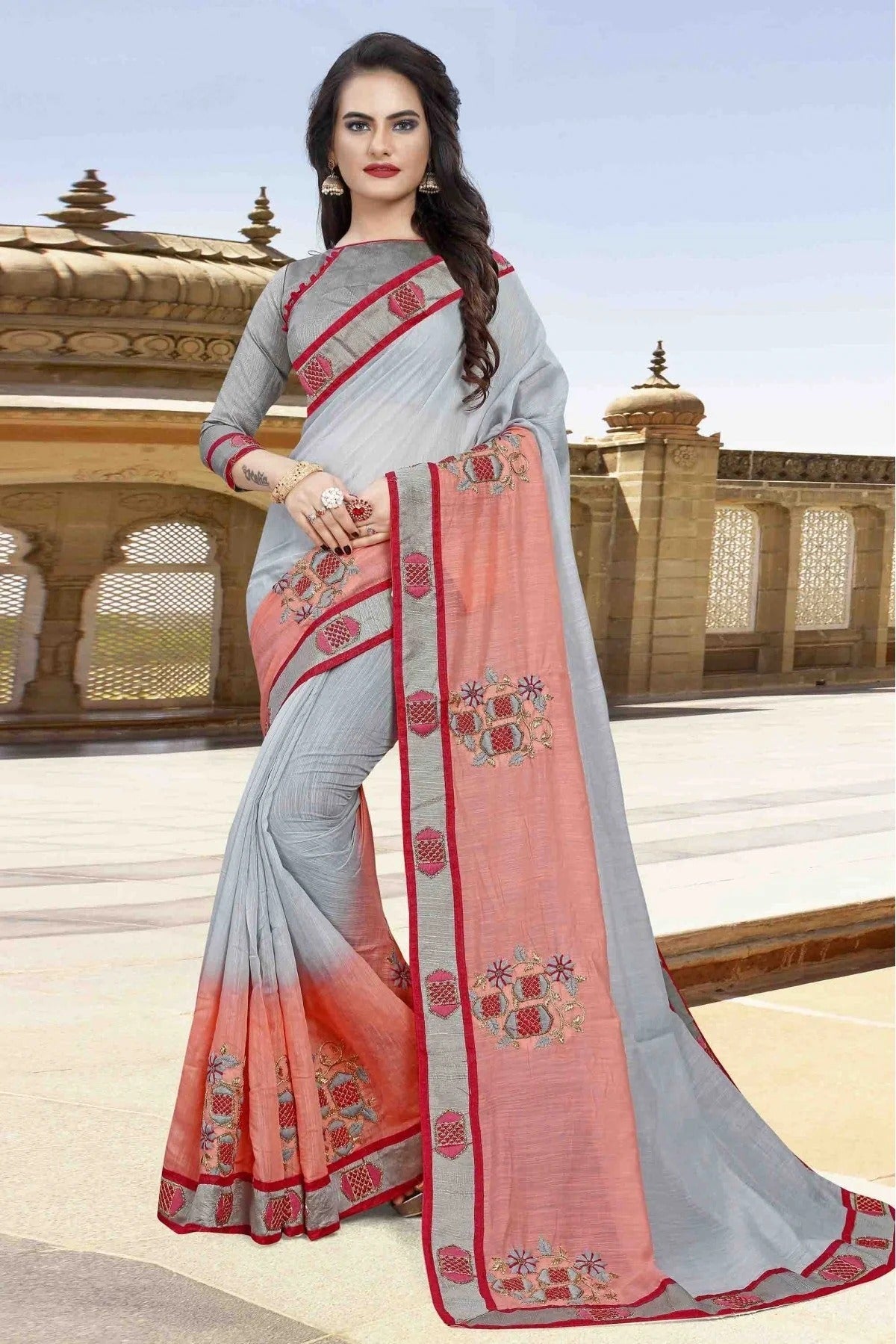 Grey and Peach Colour Cotton Designer Saree SD1120549