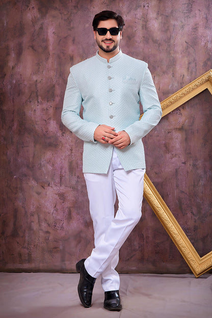 Ice Blue Colour Thread Work Embroidery Art Silk Jodhpuri