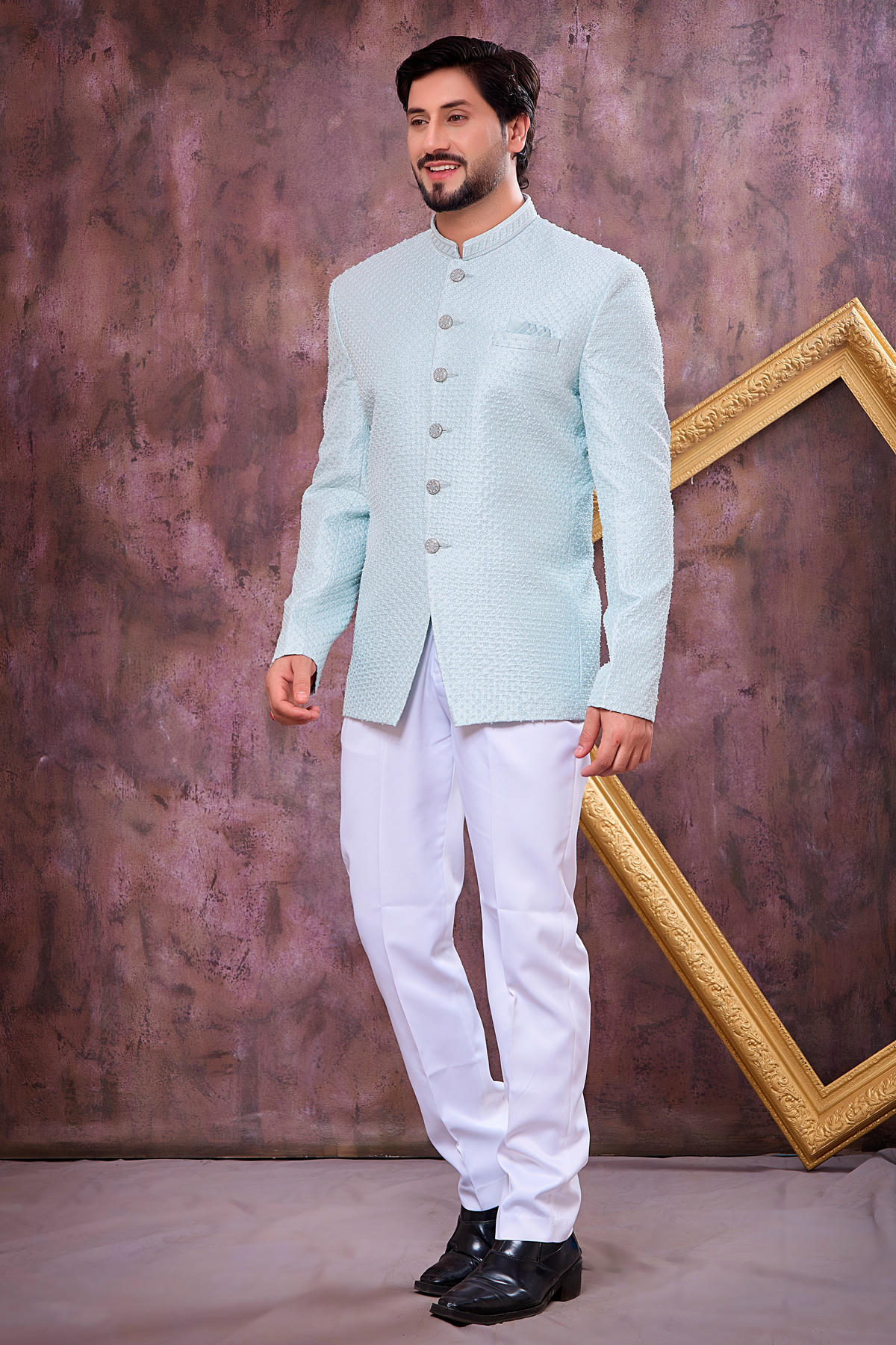 Ice Blue Colour Thread Work Embroidery Art Silk Jodhpuri