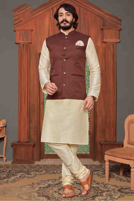 Ivory Colour Kurta Pajama With Jacket In Art Silk KP1210302
