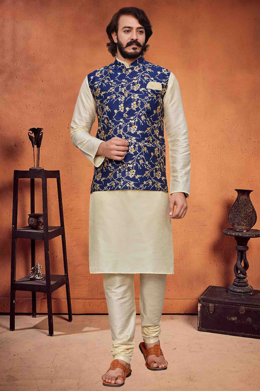 Ivory Colour Kurta Pajama With Jacket In Art Silk KP1210334