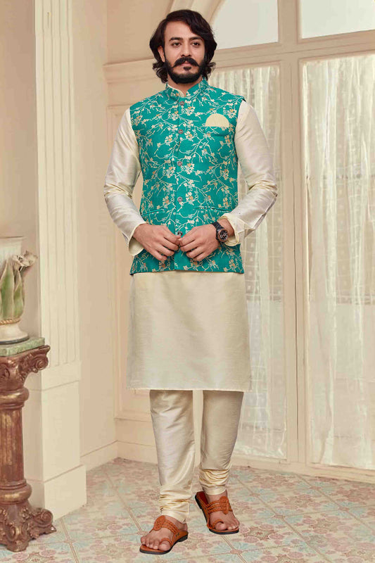 Ivory Colour Kurta Pajama With Jacket In Art Silk KP1210335