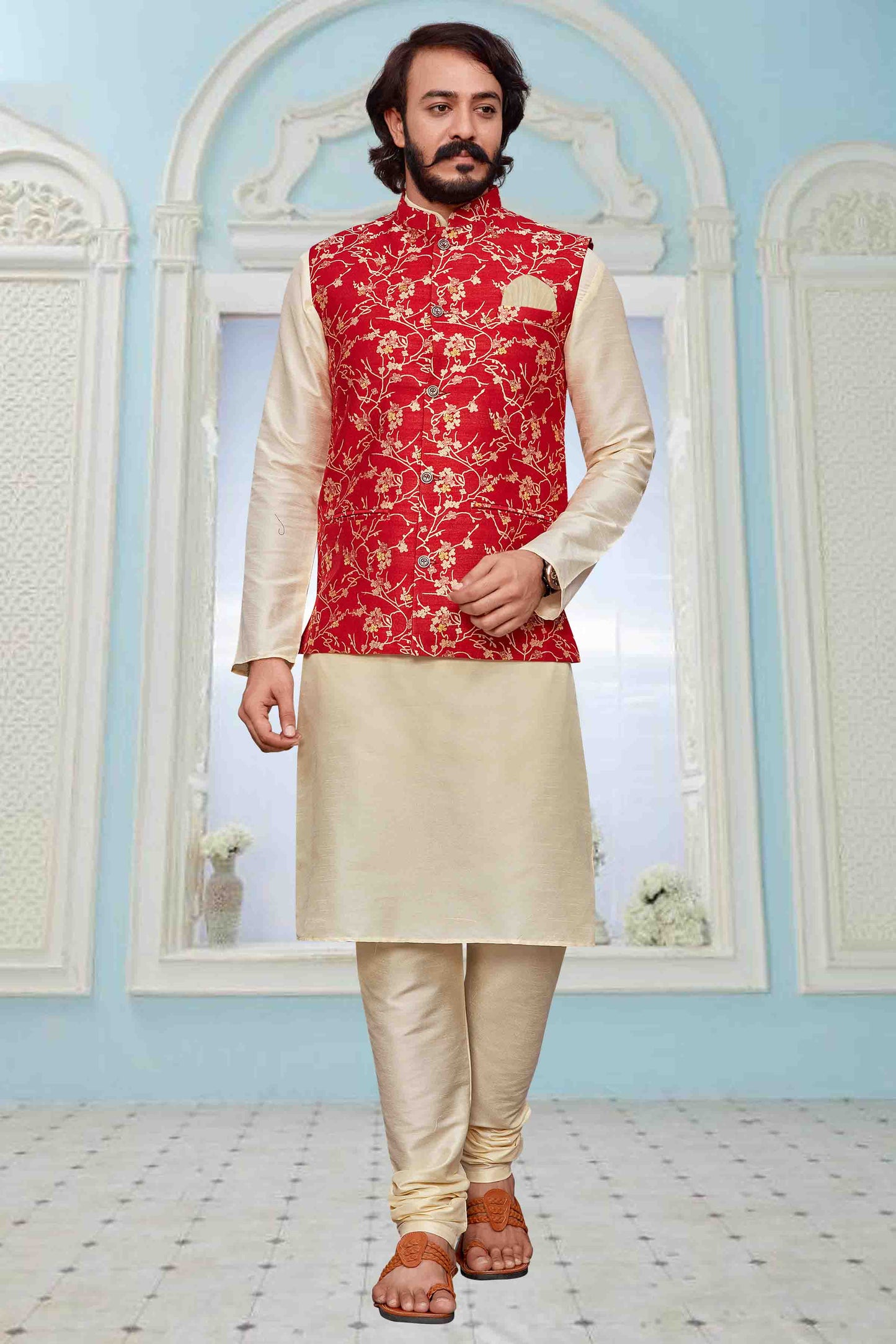 Ivory Colour Kurta Pajama With Jacket In Art Silk KP1210336