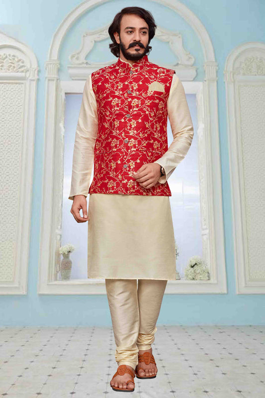 Ivory Colour Kurta Pajama With Jacket In Art Silk KP1210336