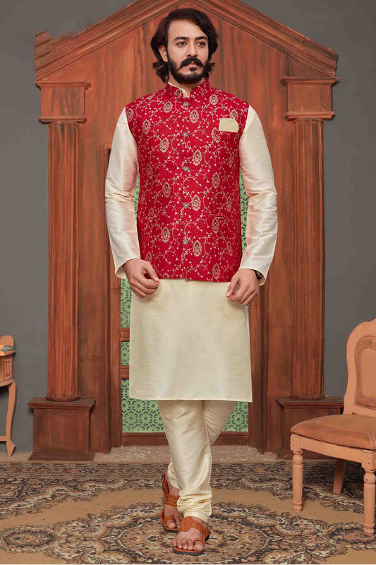 Ivory Colour Kurta Pajama With Jacket In Art Silk KP1210337