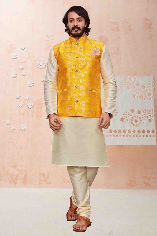 Ivory Colour Kurta Pajama With Jacket In Art Silk KP1210338