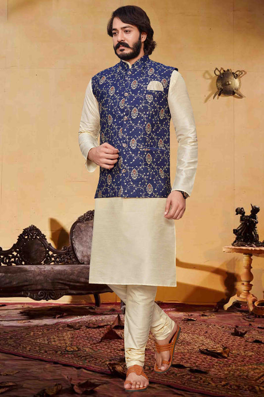 Ivory Colour Kurta Pajama With Jacket In Art Silk KP1210339