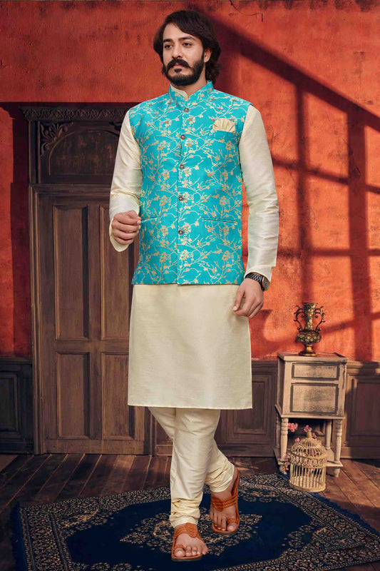 Ivory Colour Kurta Pajama With Jacket In Art Silk KP1210340