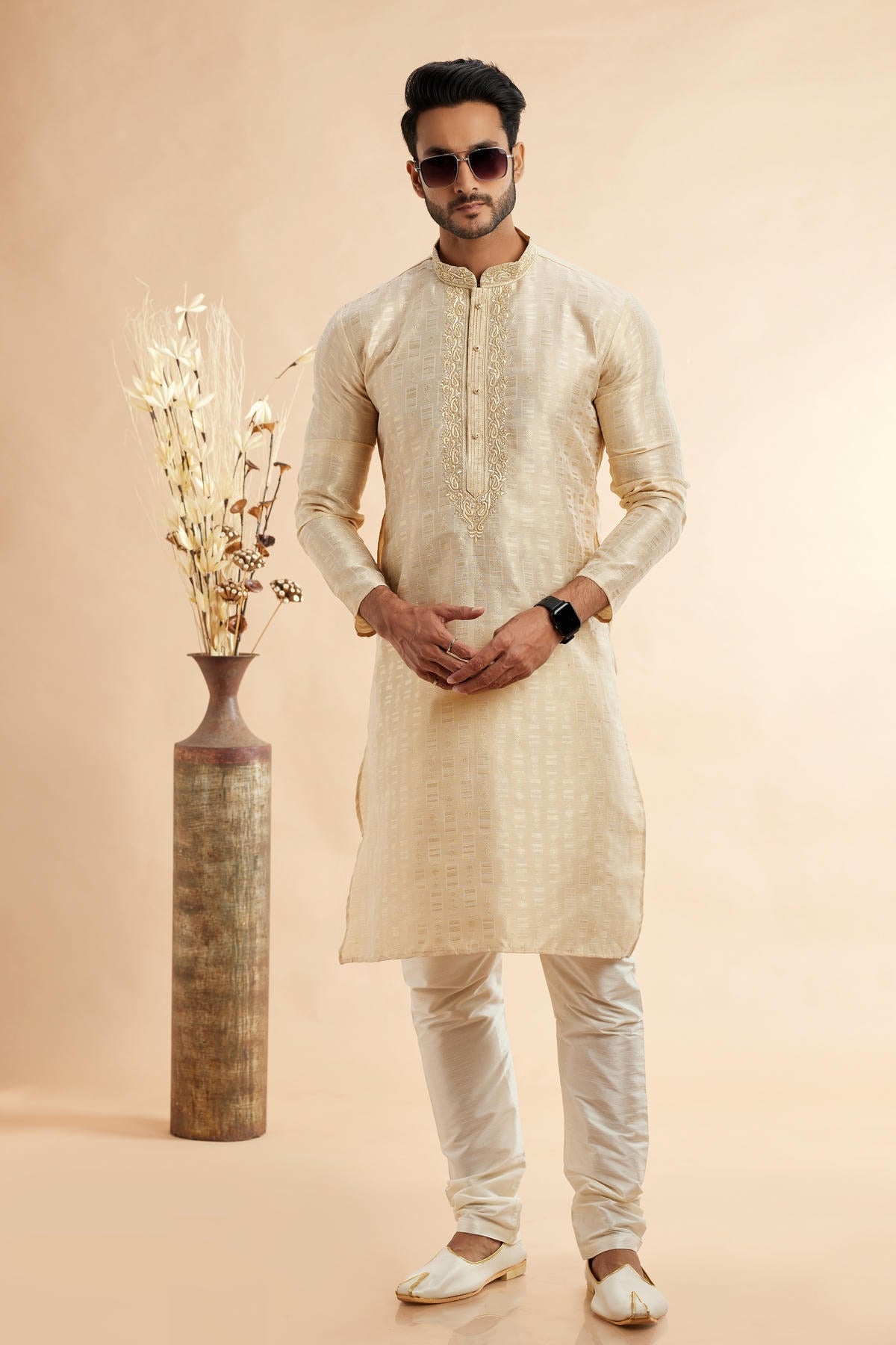 Jacquard Art Silk Embroidery Kurta Pajama In Beige Colour KP1230500 1