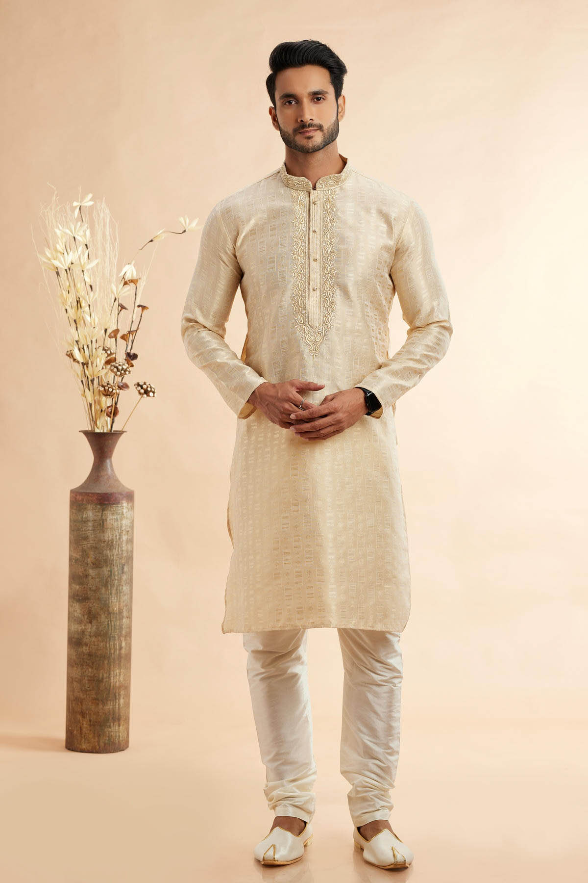 Jacquard Art Silk Embroidery Kurta Pajama In Beige Colour KP1230500