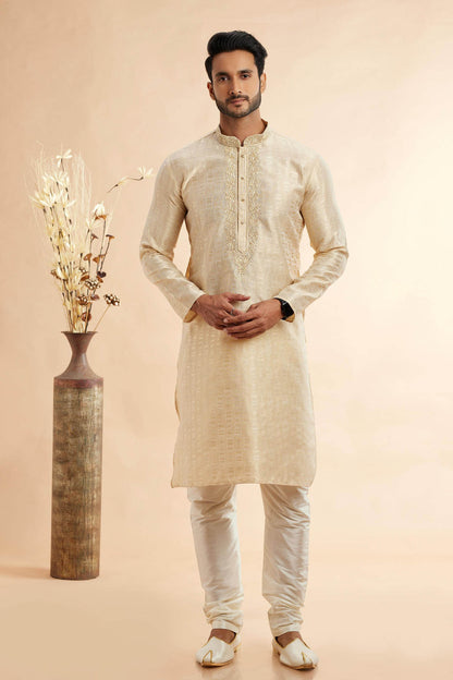 Jacquard Art Silk Embroidery Kurta Pajama In Beige Colour KP1230500