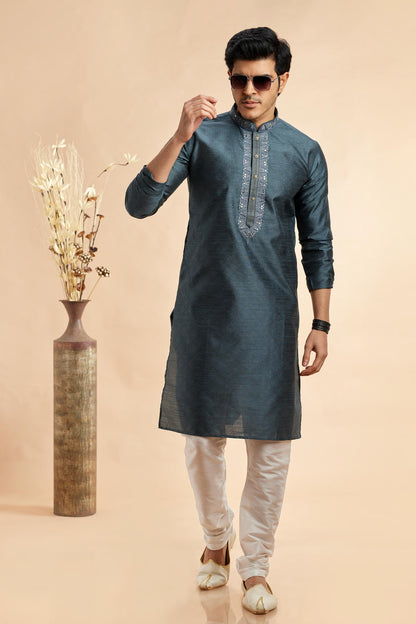 Jacquard Art Silk Embroidery Kurta Pajama In Grey Colour KP1230507 1