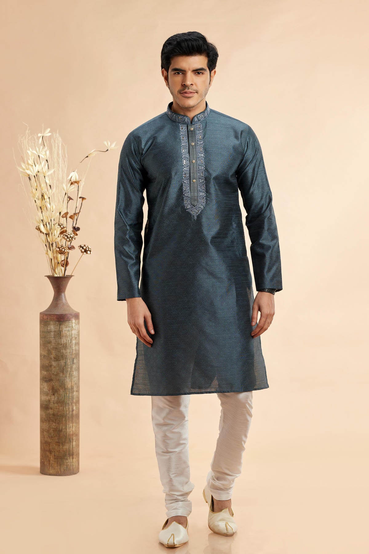 Jacquard Art Silk Embroidery Kurta Pajama In Grey Colour KP1230507