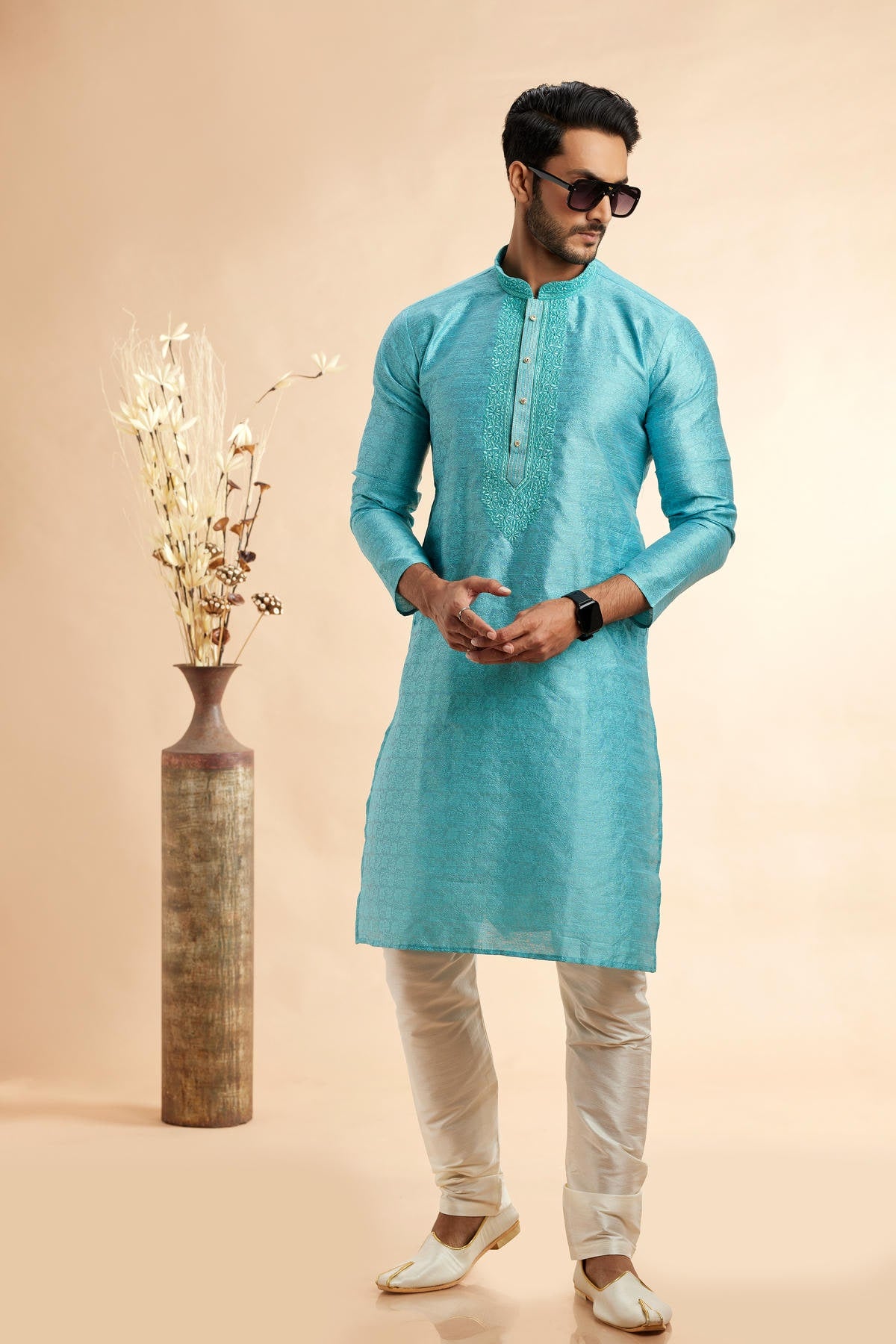 Jacquard Art Silk Embroidery Kurta Pajama In Light Blue Colour KP1230503 1