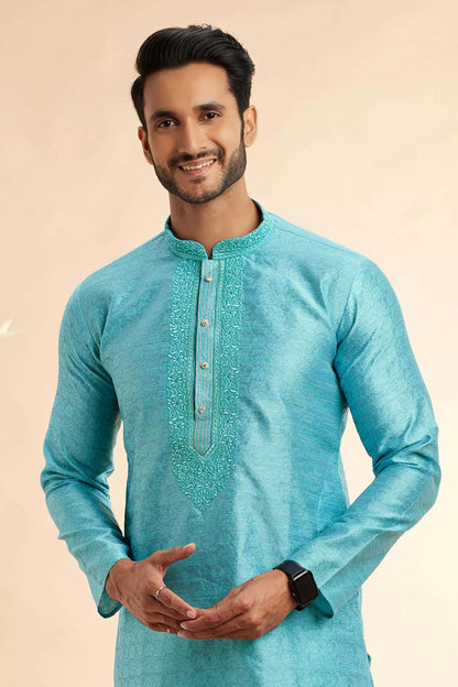 Jacquard Art Silk Embroidery Kurta Pajama In Light Blue Colour KP1230503 2