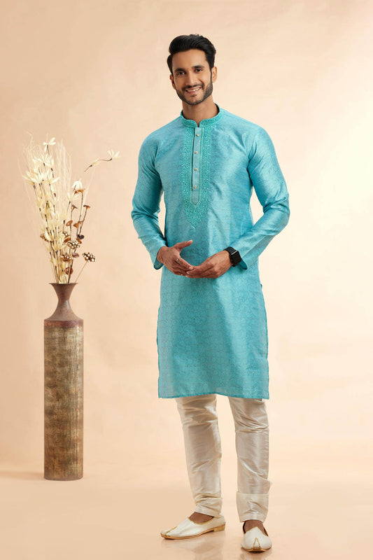 Jacquard Art Silk Embroidery Kurta Pajama In Light Blue Colour KP1230503