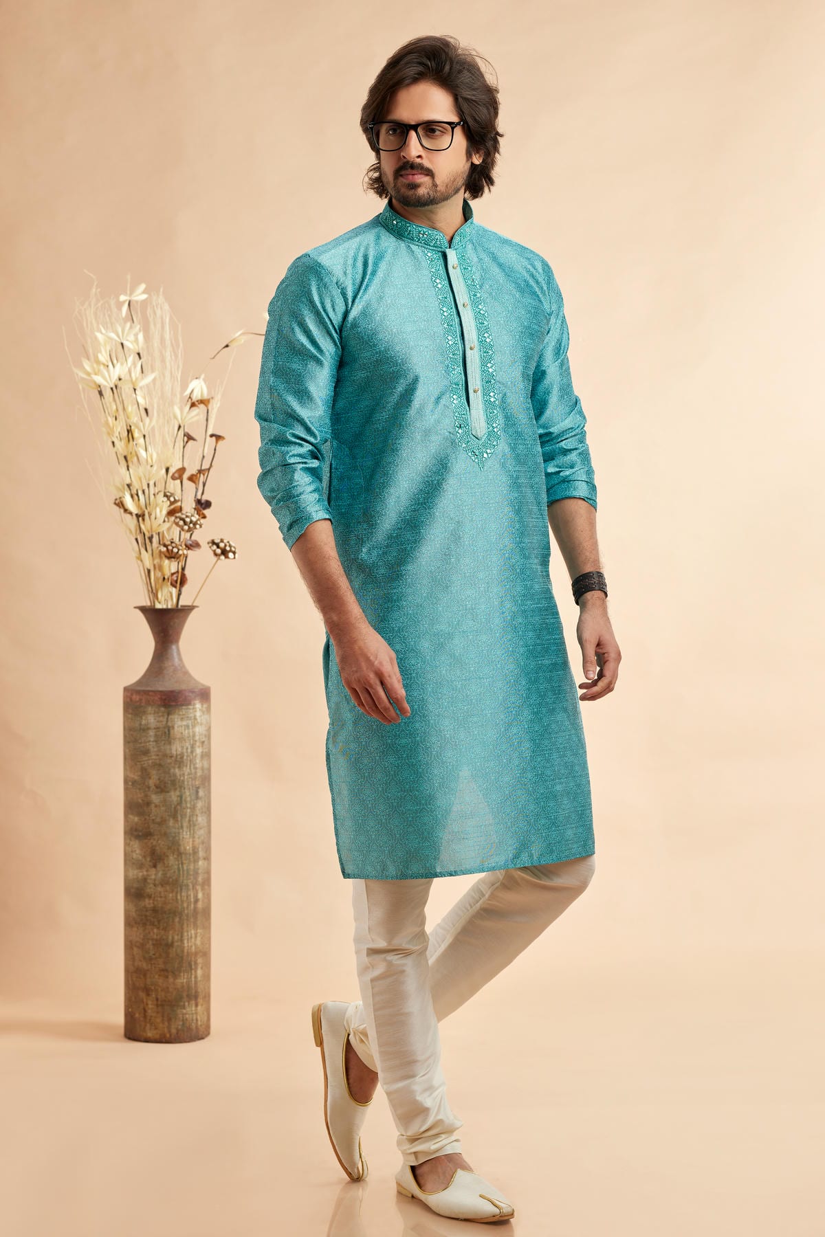 Jacquard Art Silk Embroidery Kurta Pajama In Light Blue Colour KP1230506 1