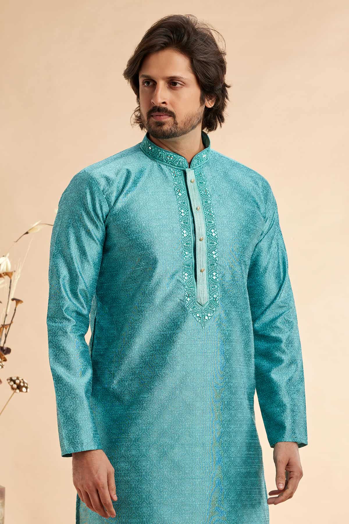 Jacquard Art Silk Embroidery Kurta Pajama In Light Blue Colour KP1230506 2