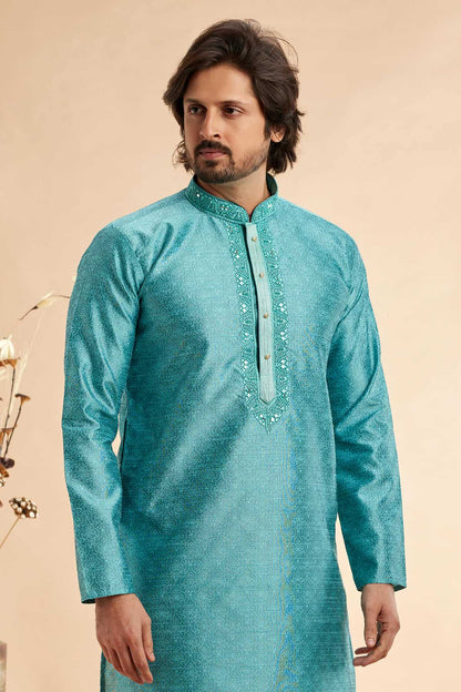 Jacquard Art Silk Embroidery Kurta Pajama In Light Blue Colour KP1230506 2