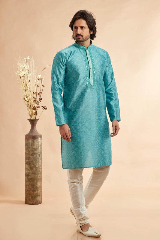 Jacquard Art Silk Embroidery Kurta Pajama In Light Blue Colour KP1230506