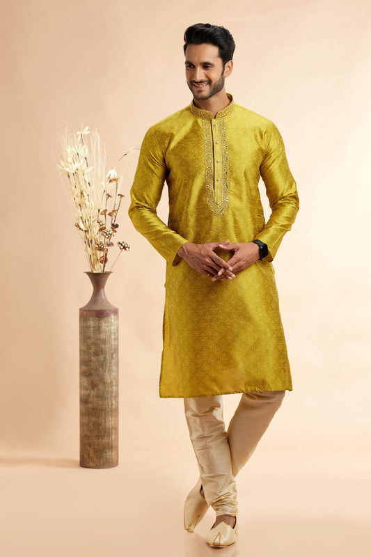 Jacquard Art Silk Embroidery Kurta Pajama In Mustard Colour KP1230505